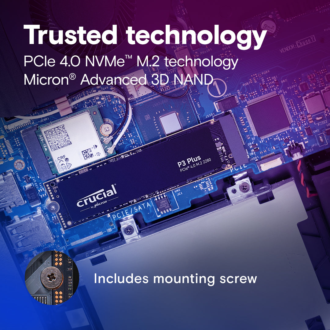 Crucial P3 Plus NVMe PCIe M.2 GEN4 3D NAND Solid State Drive up to 4700MB/s | 500GB 1TB 2TB 4TB Capacity Crucial P3 Plus NVMe PCIe M.2 GEN4 3D NAND Solid State Drive up to 4700MB/s | 500GB 1TB 2TB 4TB Capacity